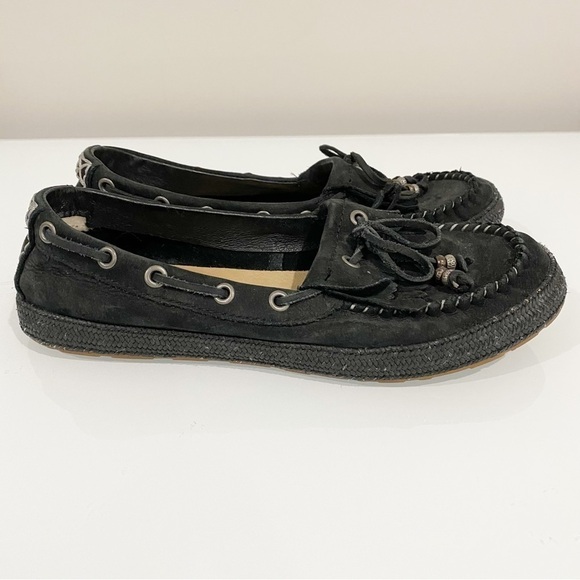 UGG Drina Beaded Bow Leather Slip On Fringe Moccasin Loafer Flats Black Size 6 - Picture 6 of 14